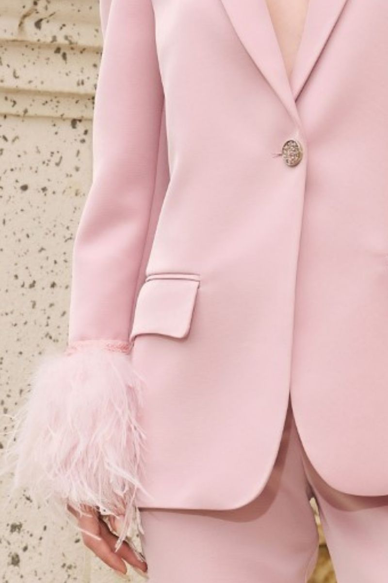 BABY PINK KELLY TAFFETA FEATHER SUIT JACKET AND PANTS SET