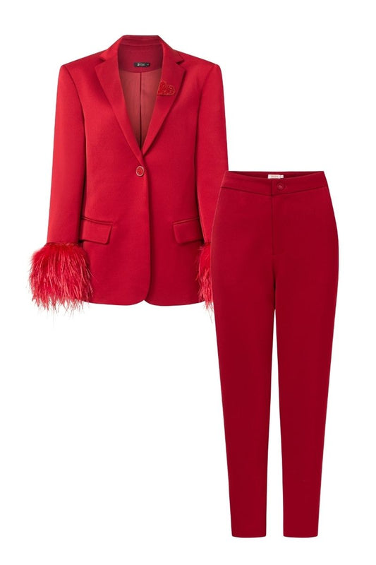 RED KELLY TAFFETA FEATHER SUIT JACKET AND PANTS SET