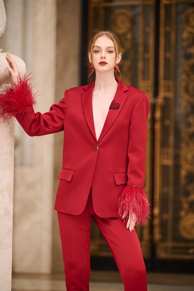 RED KELLY TAFFETA FEATHER SUIT JACKET AND PANTS SET