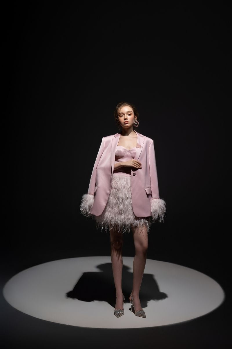 BABY PINK KIERA TAFFETA FEATHER BLAZER SET