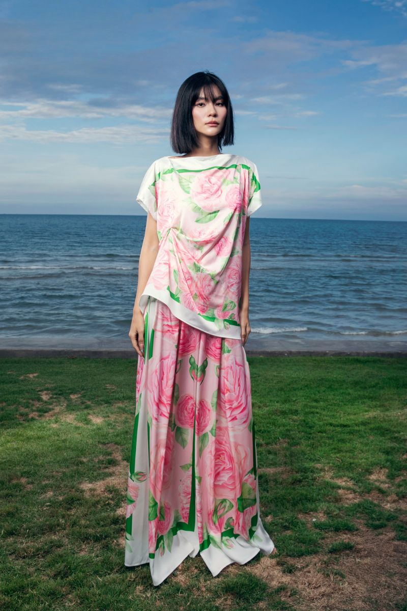 LILIANE SHORT SLEEVED SILK TOP AND WIDE-LEG PANTS SET