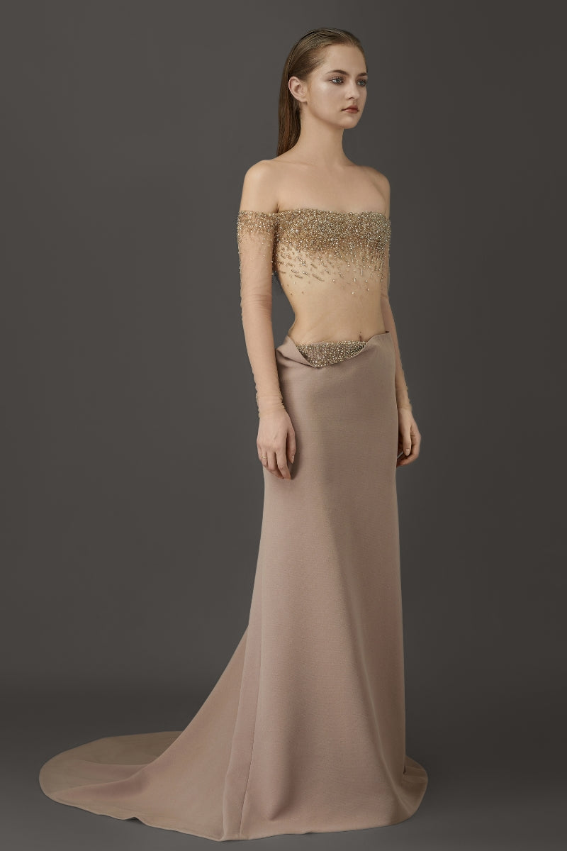 ELEGANT SHEER LONG DRESS WITH EMBROIDERED