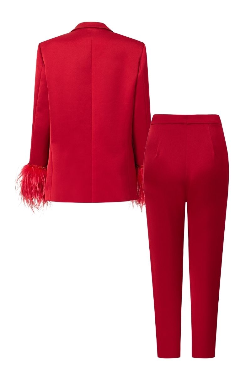 RED KELLY TAFFETA FEATHER SUIT JACKET AND PANTS SET