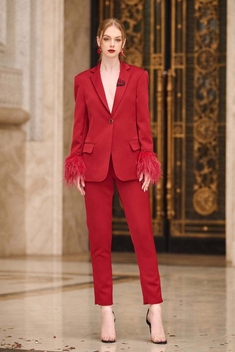 RED KELLY TAFFETA FEATHER SUIT JACKET AND PANTS SET