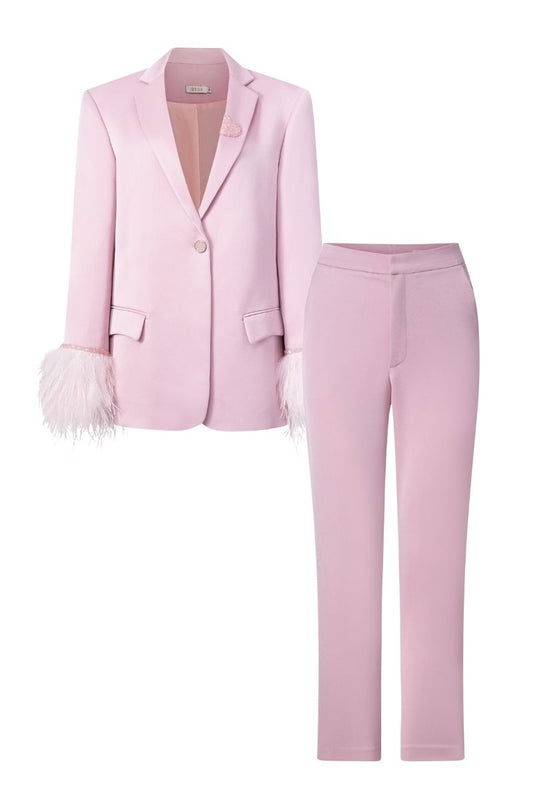 BABY PINK KELLY TAFFETA FEATHER SUIT JACKET AND PANTS SET