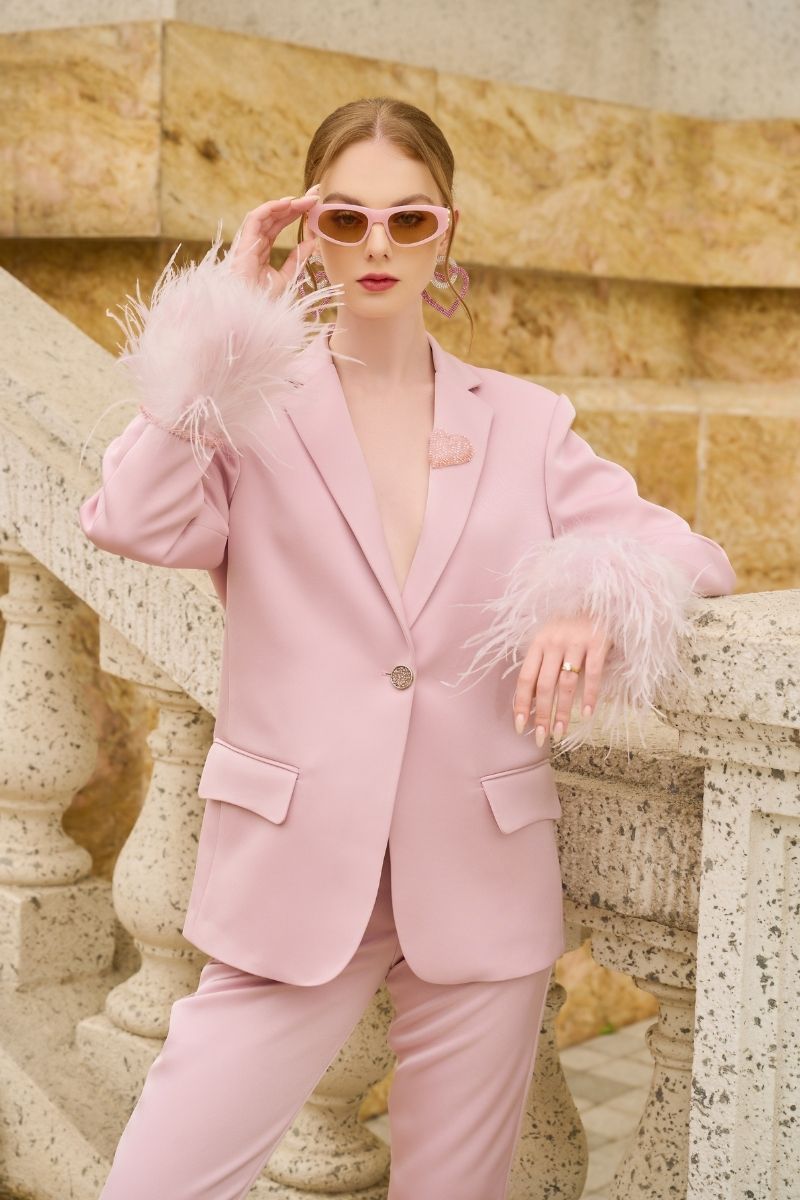 BABY PINK KELLY TAFFETA FEATHER SUIT JACKET AND PANTS SET