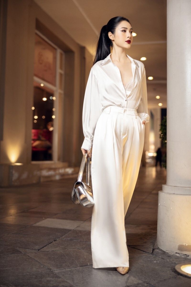 FARAH WHITE SILK SATIN CRYSTAL SHIRT AND PANTS SET