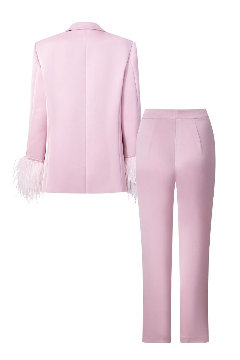 BABY PINK KELLY TAFFETA FEATHER SUIT JACKET AND PANTS SET