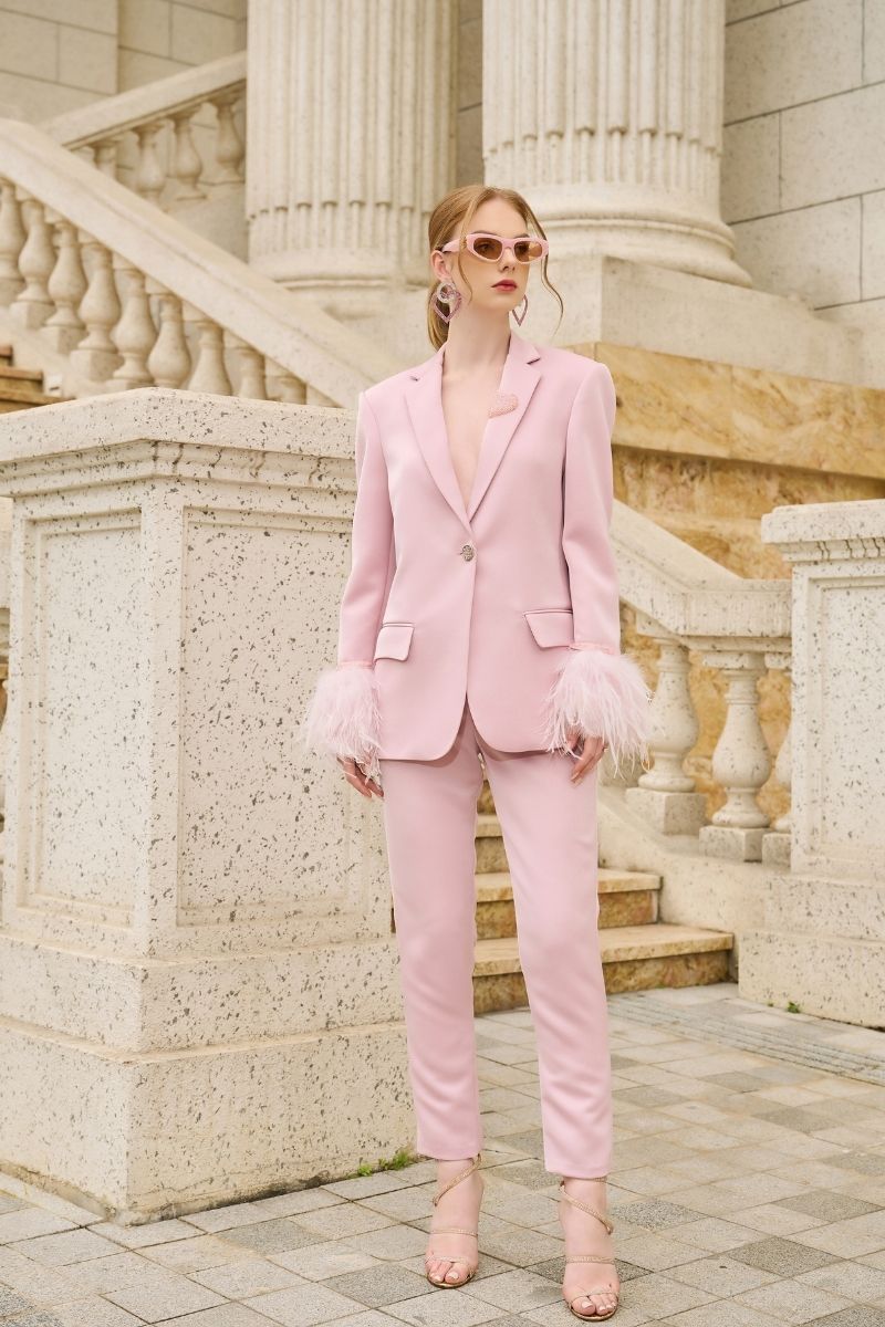 BABY PINK KELLY TAFFETA FEATHER SUIT JACKET AND PANTS SET