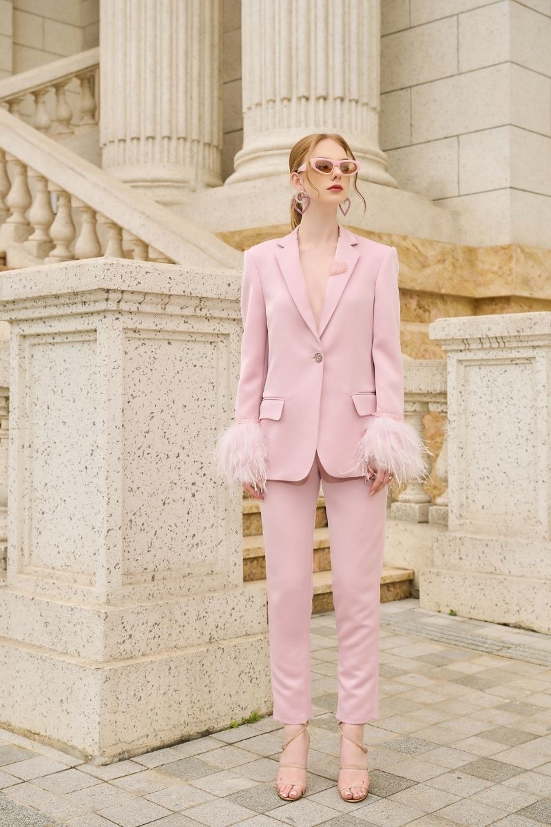 BABY PINK KELLY TAFFETA FEATHER SUIT JACKET AND PANTS SET