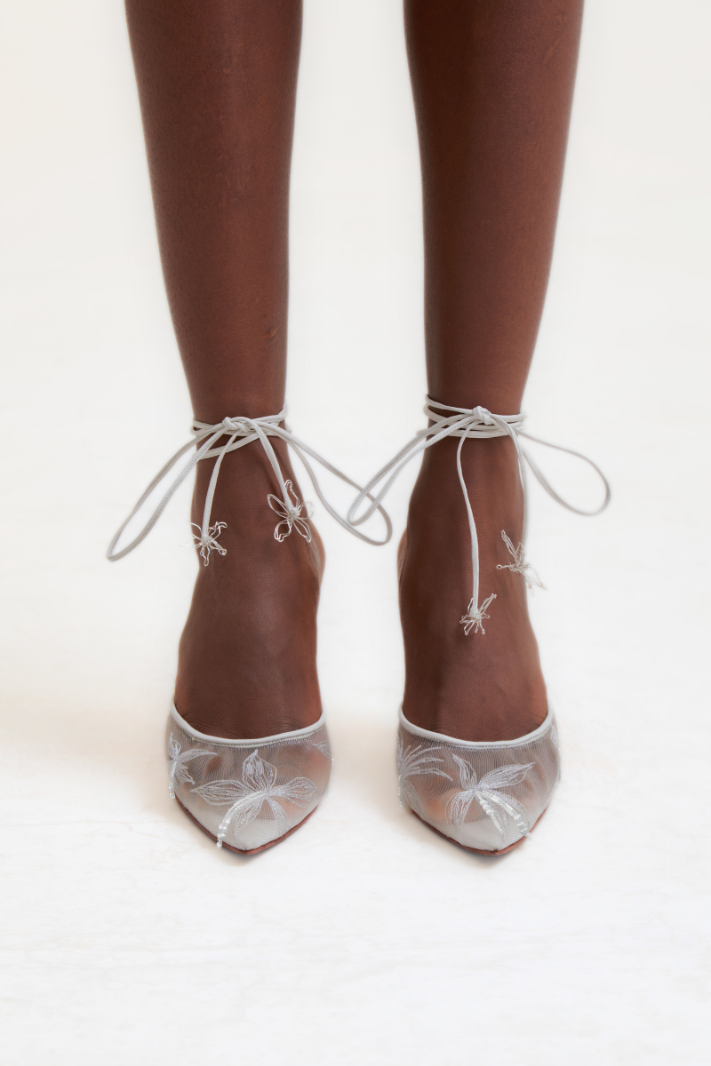 SIENNA WHITE EMBROIDERED MESH HEELS