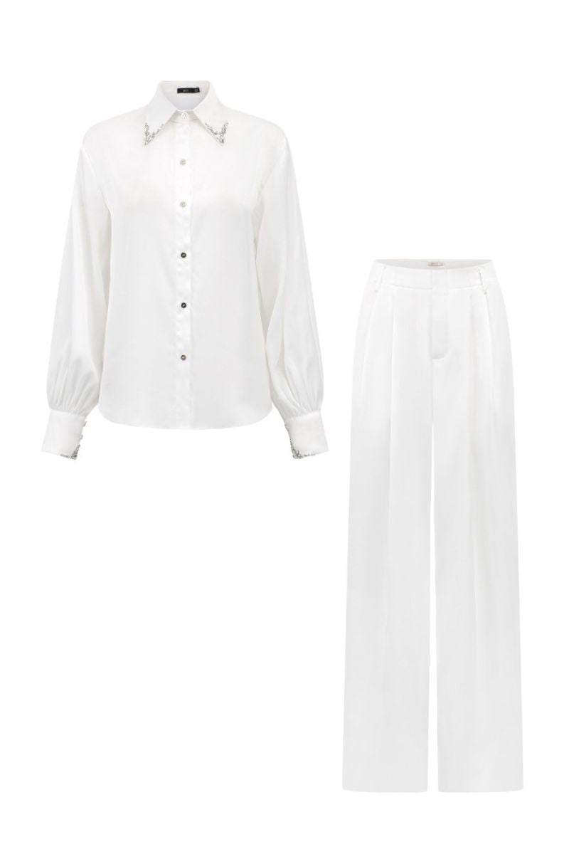 FARAH WHITE SILK SATIN CRYSTAL SHIRT AND PANTS SET