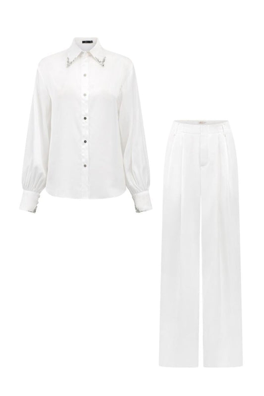 FARAH WHITE SILK SATIN CRYSTAL SHIRT AND PANTS SET