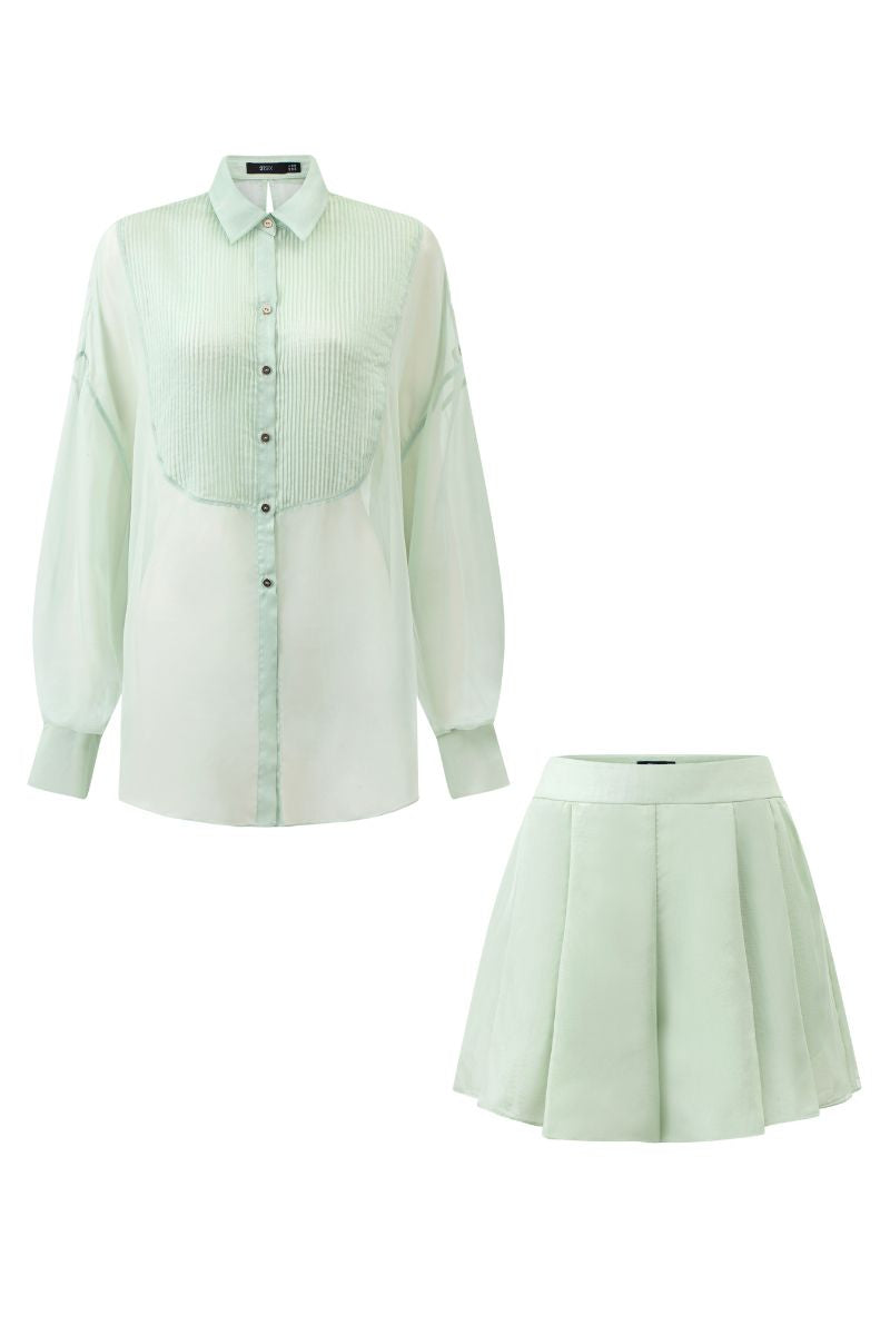 MELITA MINT SILK PLEATED SHIRT AND SHORTS SET