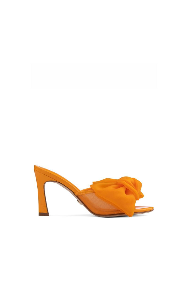 ORANGE PATENT BOW MULES