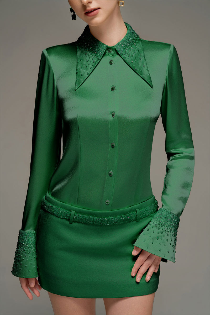 SATIN SHIRT AND SKIRT SET IN DARK GREEN