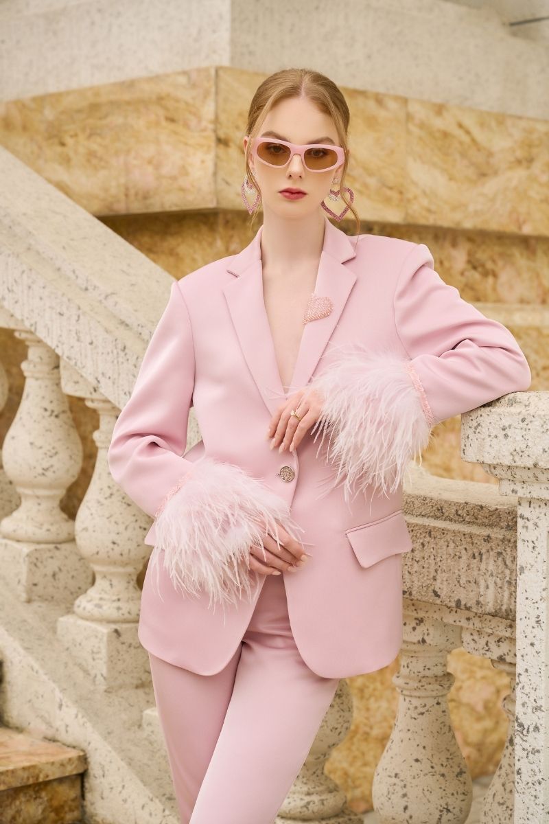 BABY PINK KELLY TAFFETA FEATHER SUIT JACKET AND PANTS SET