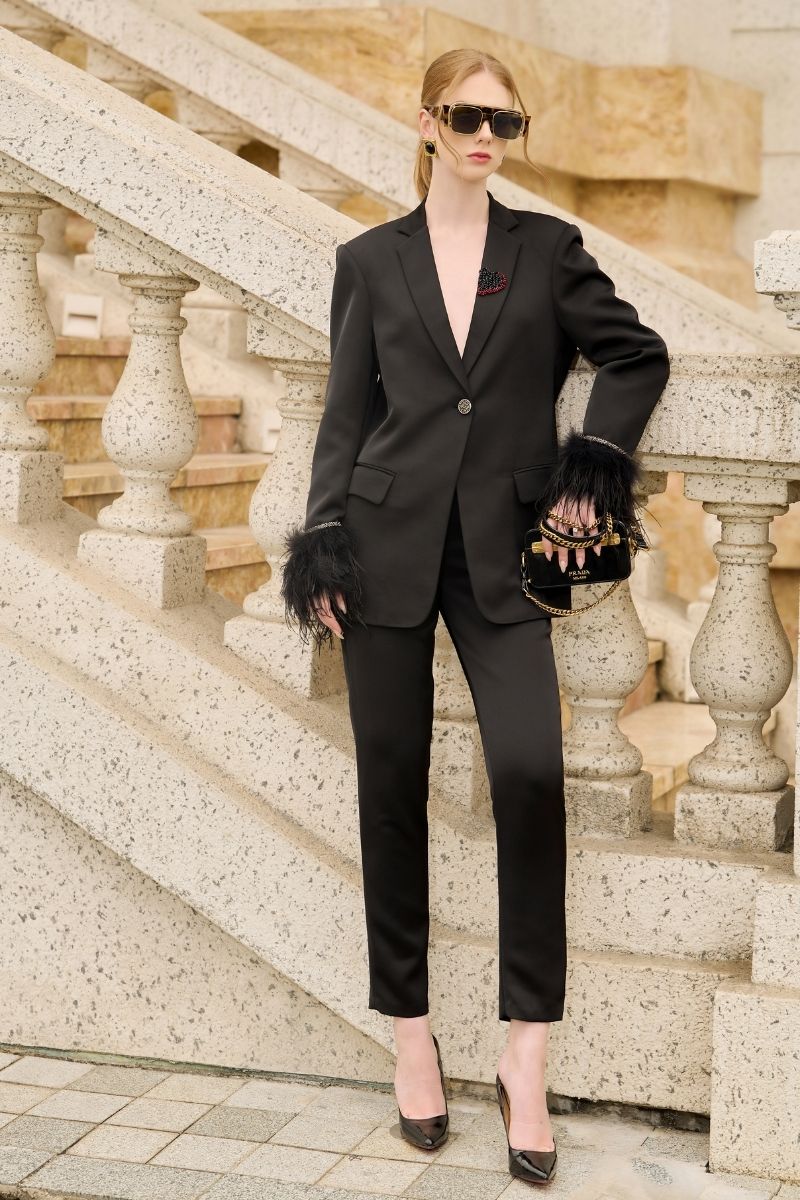 BLACK KELLY TAFFETA FEATHER SUIT JACKET AND PANTS SET