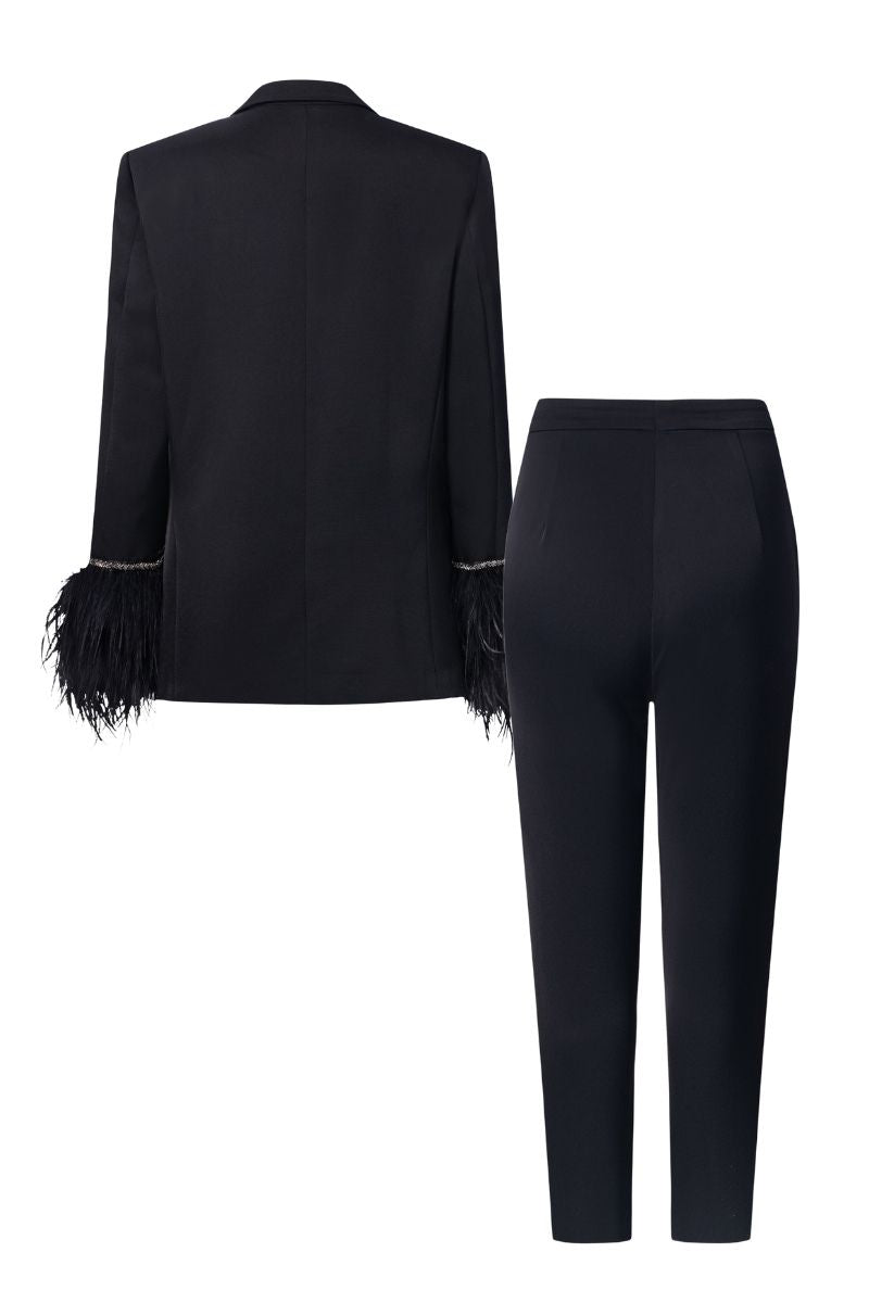 BLACK KELLY TAFFETA FEATHER SUIT JACKET AND PANTS SET
