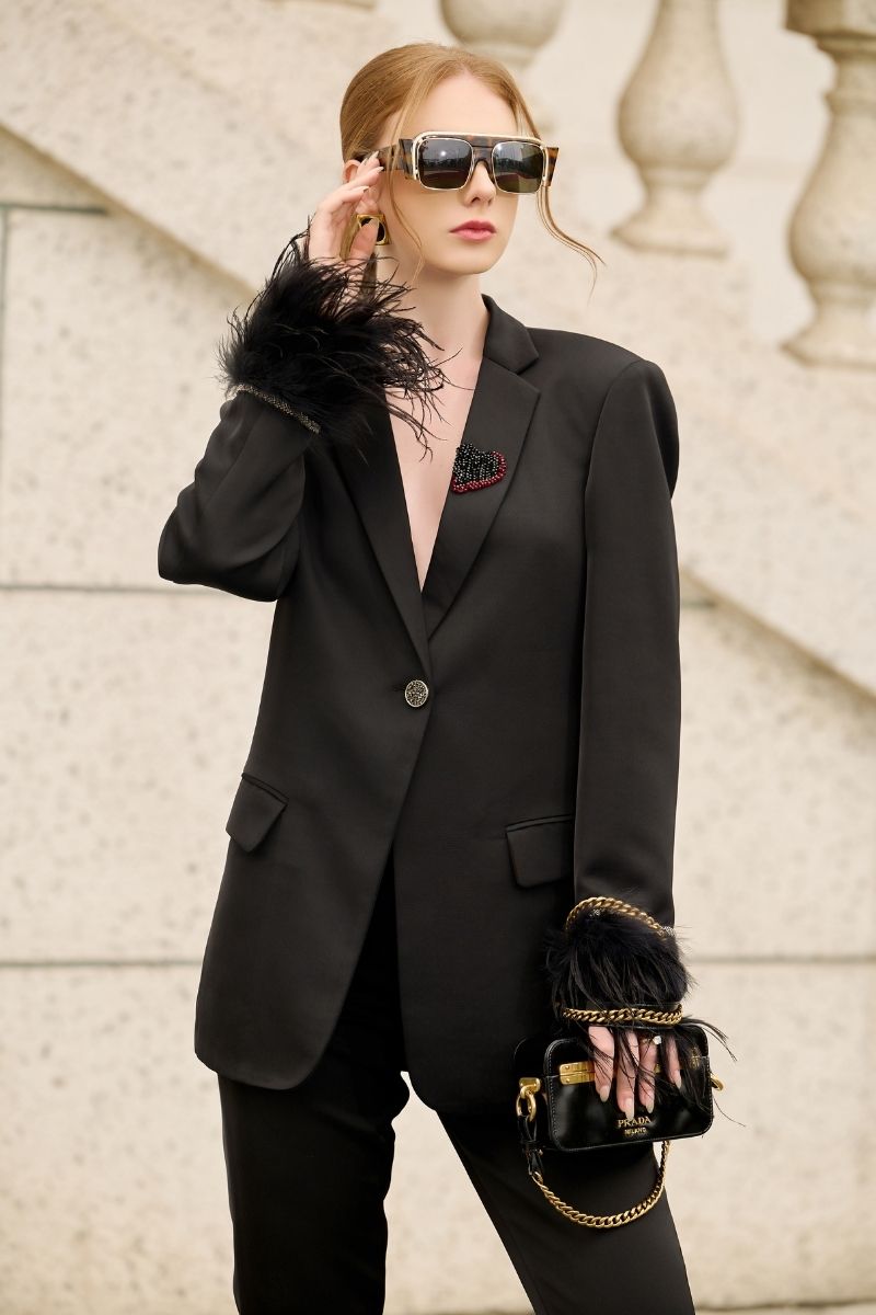 BLACK KELLY TAFFETA FEATHER SUIT JACKET AND PANTS SET