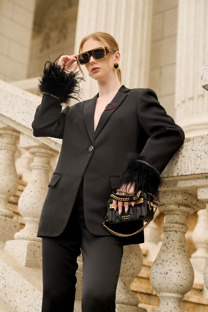 BLACK KELLY TAFFETA FEATHER SUIT JACKET AND PANTS SET