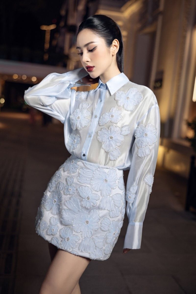 FELICIA BLUE SHINY SILK FLORAL SHIRT AND SKIRT SET