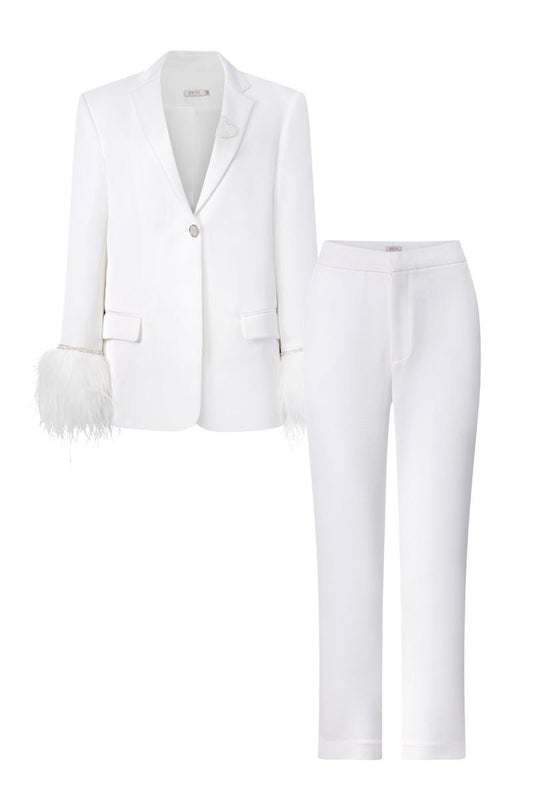 WHITE KELLY TAFFETA FEATHER SUIT JACKET AND PANTS SET