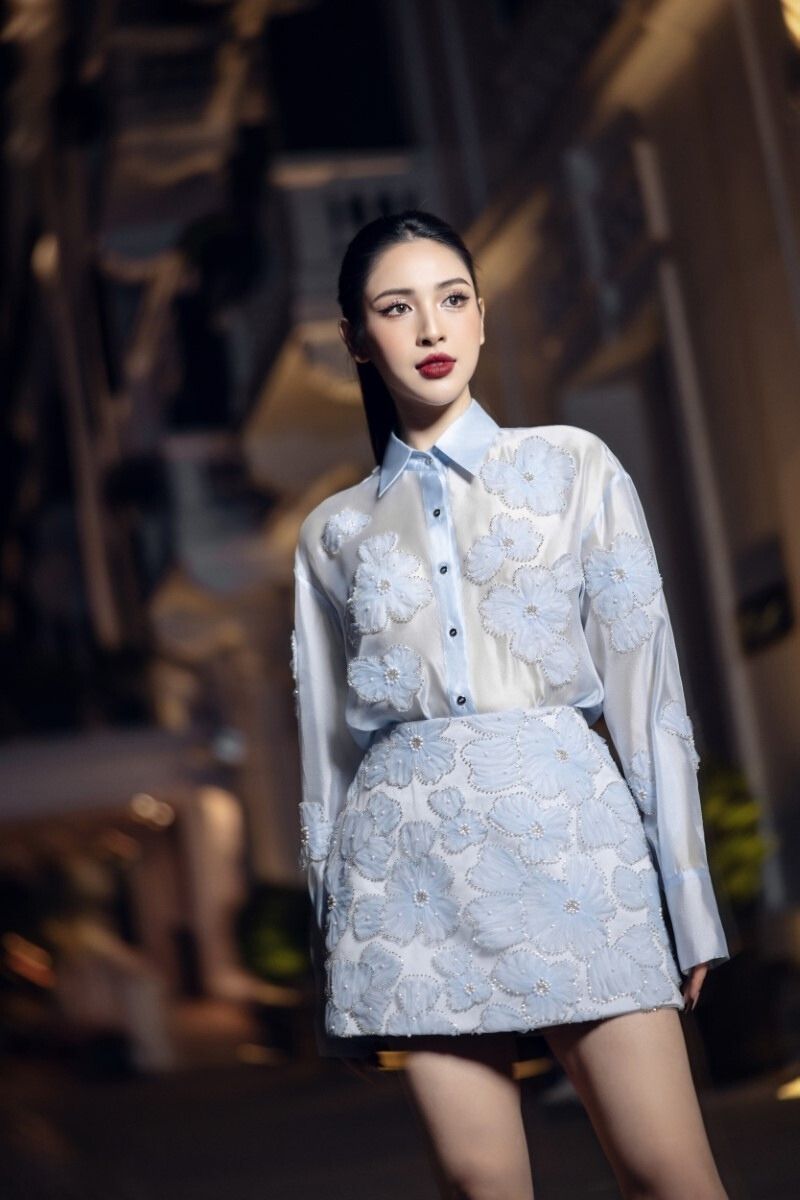 FELICIA BLUE SHINY SILK FLORAL SHIRT AND SKIRT SET