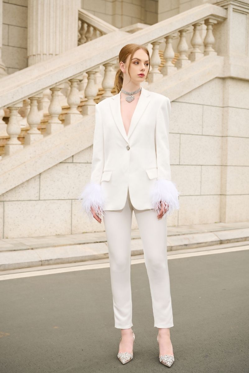 WHITE KELLY TAFFETA FEATHER SUIT JACKET AND PANTS SET