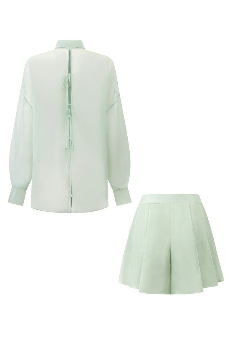MELITA MINT SILK PLEATED SHIRT AND SHORTS SET