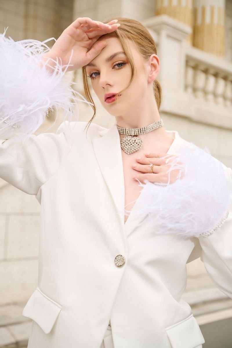 WHITE KELLY TAFFETA FEATHER SUIT JACKET AND PANTS SET