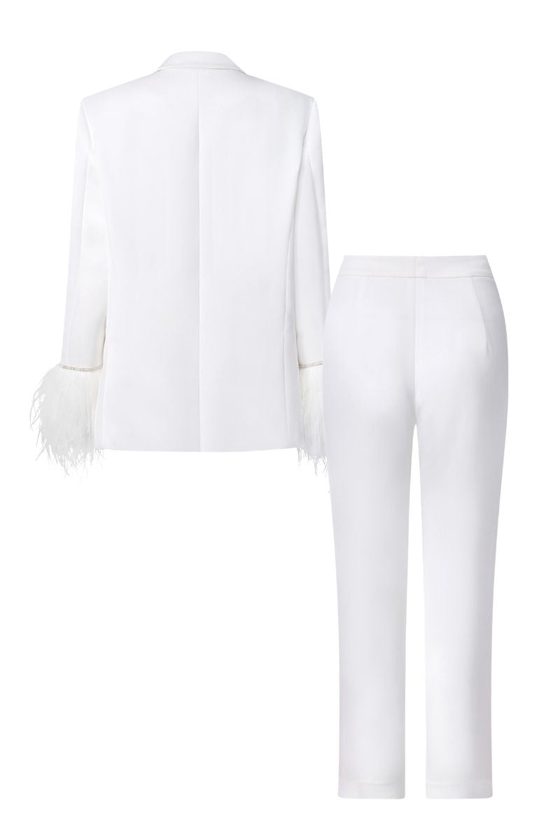 WHITE KELLY TAFFETA FEATHER SUIT JACKET AND PANTS SET