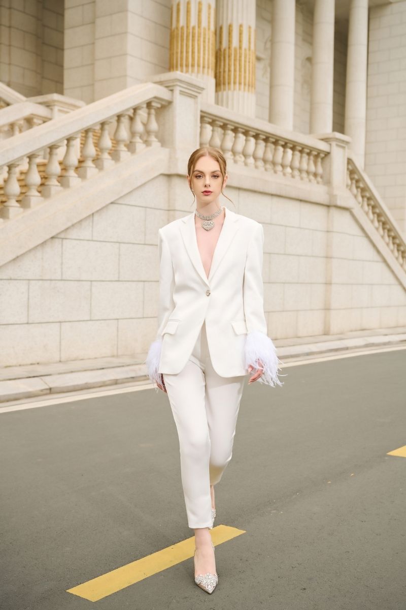 WHITE KELLY TAFFETA FEATHER SUIT JACKET AND PANTS SET