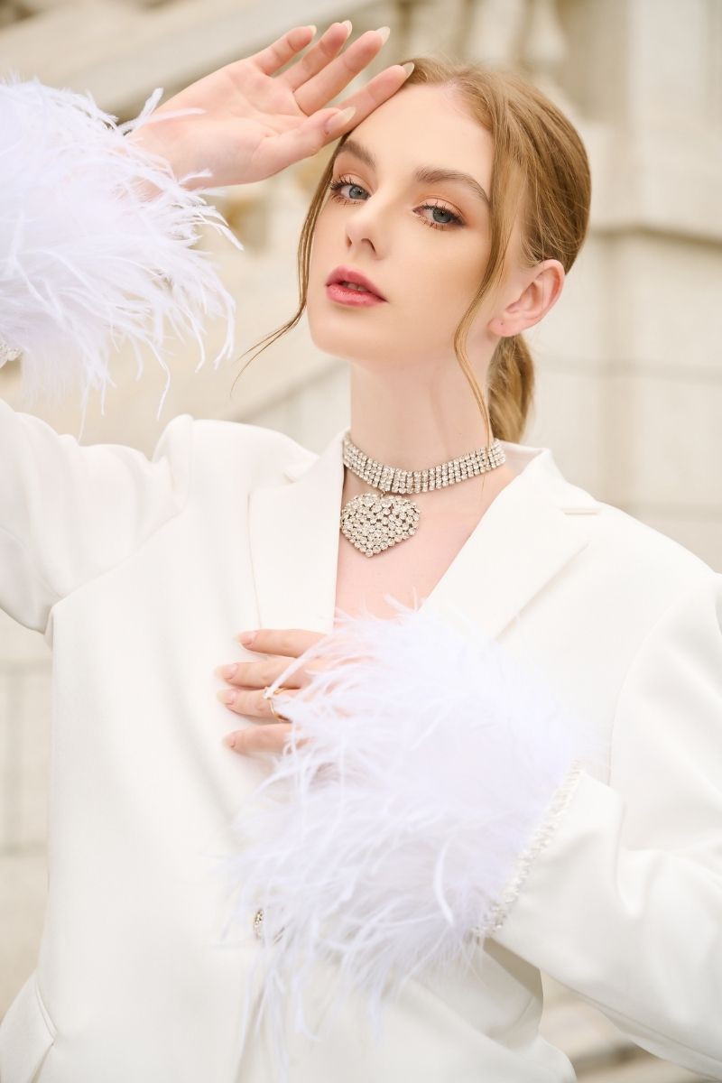 WHITE KELLY TAFFETA FEATHER SUIT JACKET AND PANTS SET