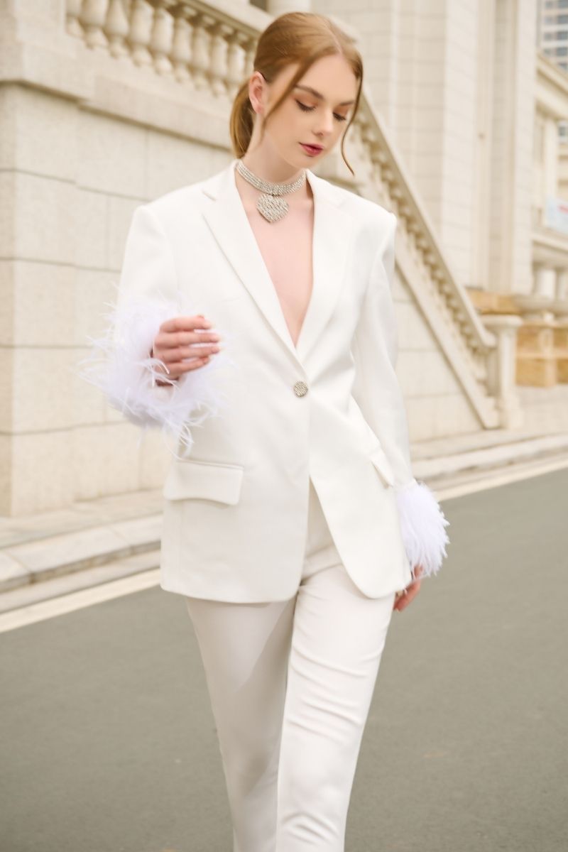WHITE KELLY TAFFETA FEATHER SUIT JACKET AND PANTS SET