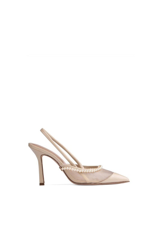 WHEAT PATENT PEARL SLINGBACK HEELS