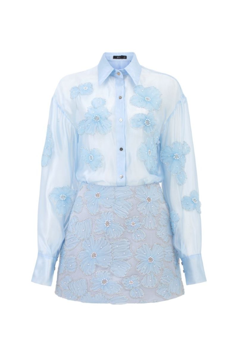 FELICIA BLUE SHINY SILK FLORAL SHIRT AND SKIRT SET