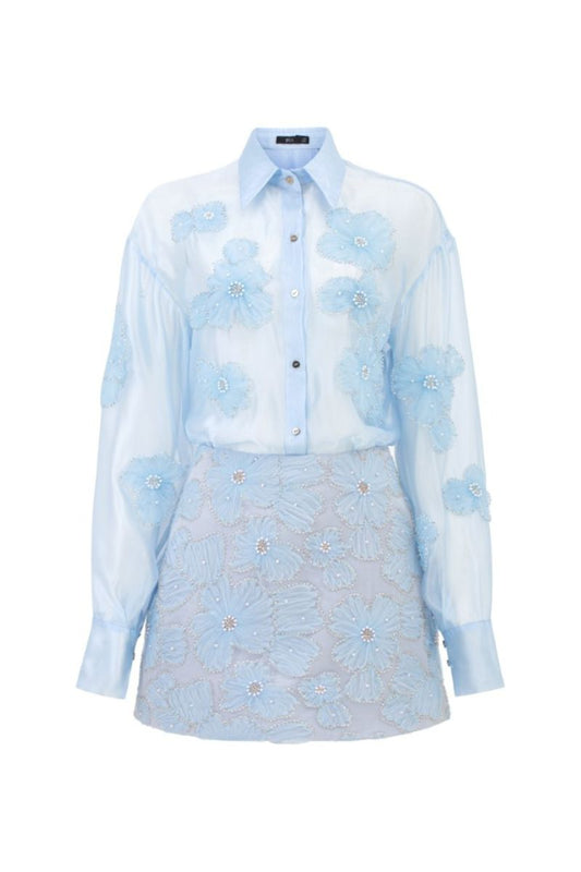 FELICIA BLUE SHINY SILK FLORAL SHIRT AND SKIRT SET