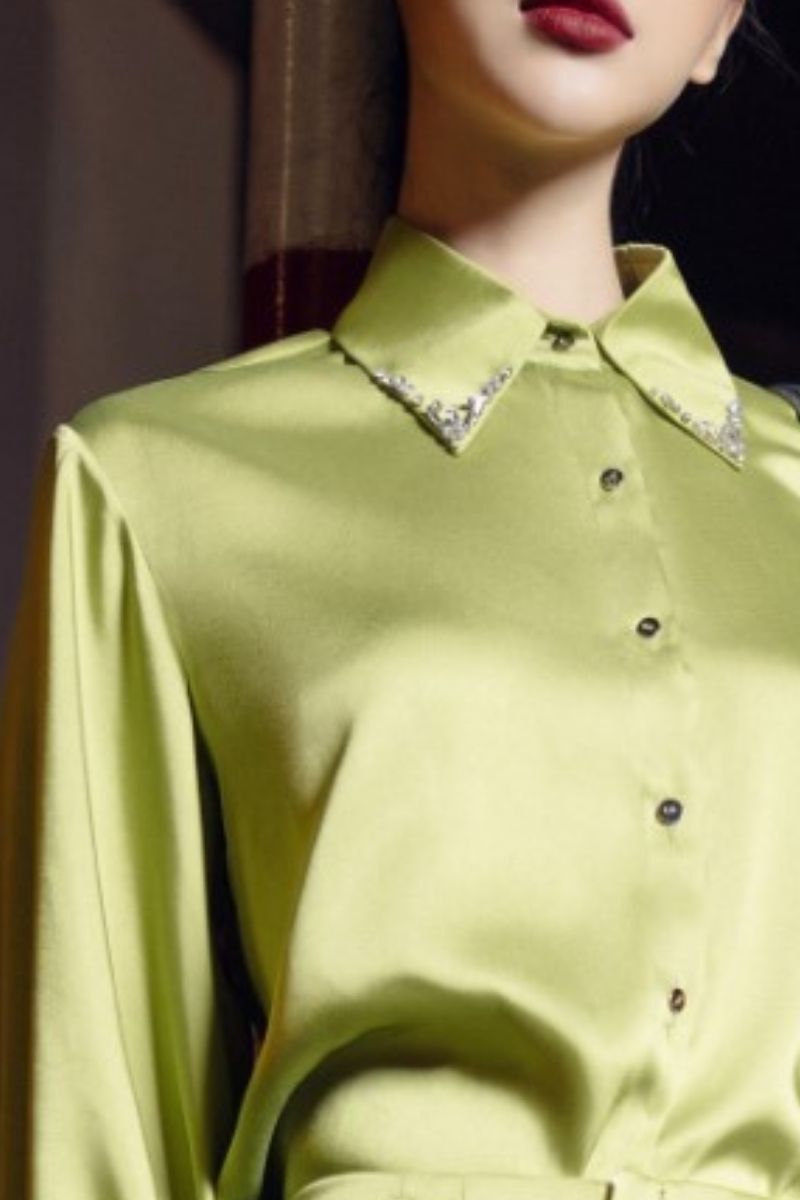 FARAH LIME GREEN SILK SATIN CRYSTAL SHIRT AND PANTS SET