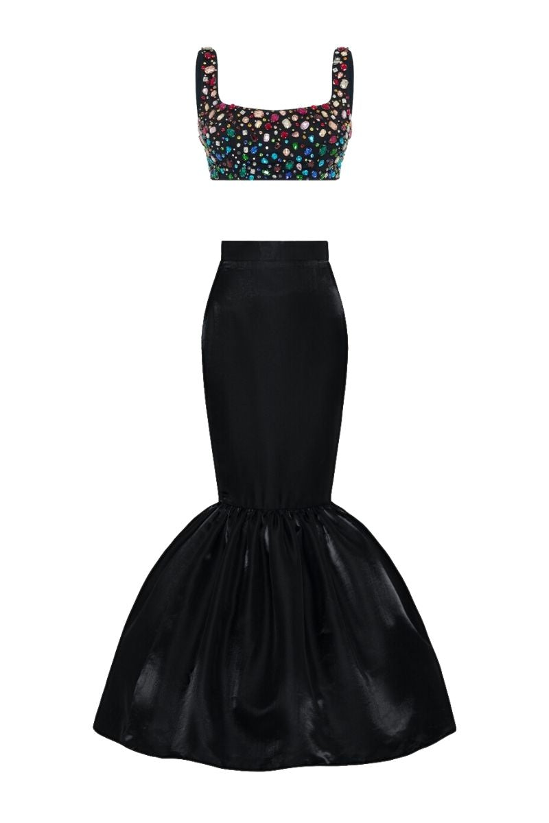 QUEEN RHINESTONE TOP AND SKIRT SET