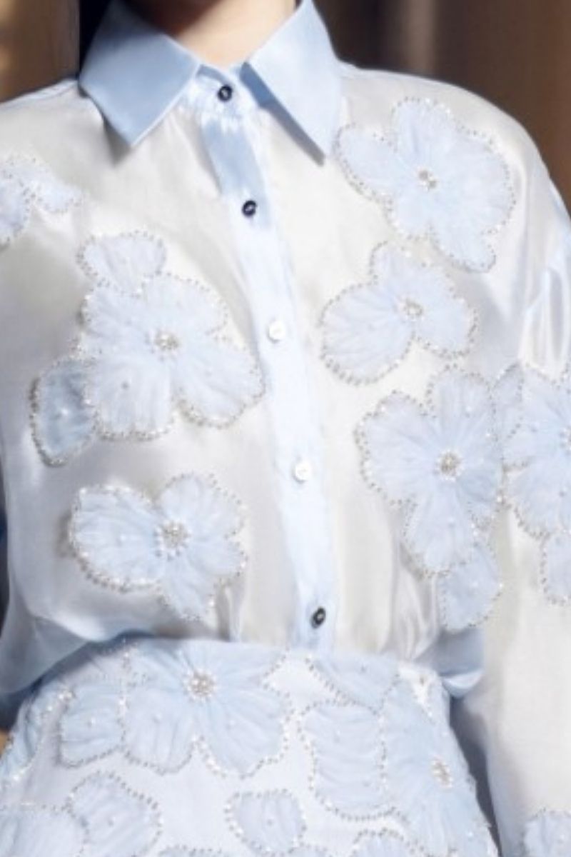 FELICIA BLUE SHINY SILK FLORAL SHIRT AND SKIRT SET
