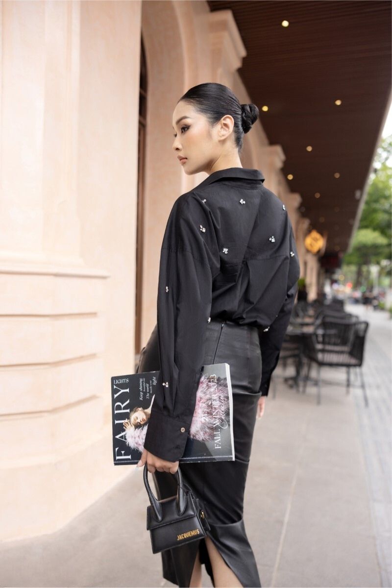 DESI BLACK RAW CRYSTAL SHIRT AND MIDI SKIRT