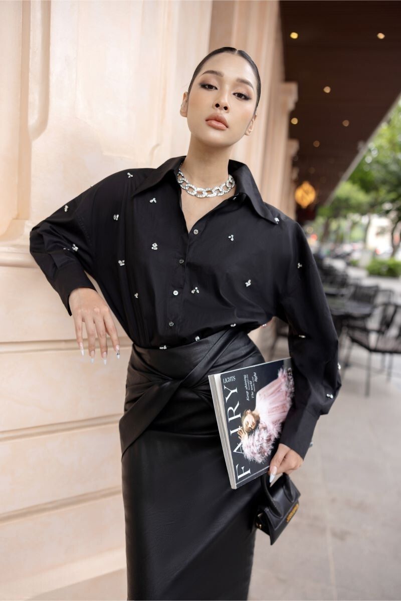 DESI BLACK RAW CRYSTAL SHIRT AND MIDI SKIRT