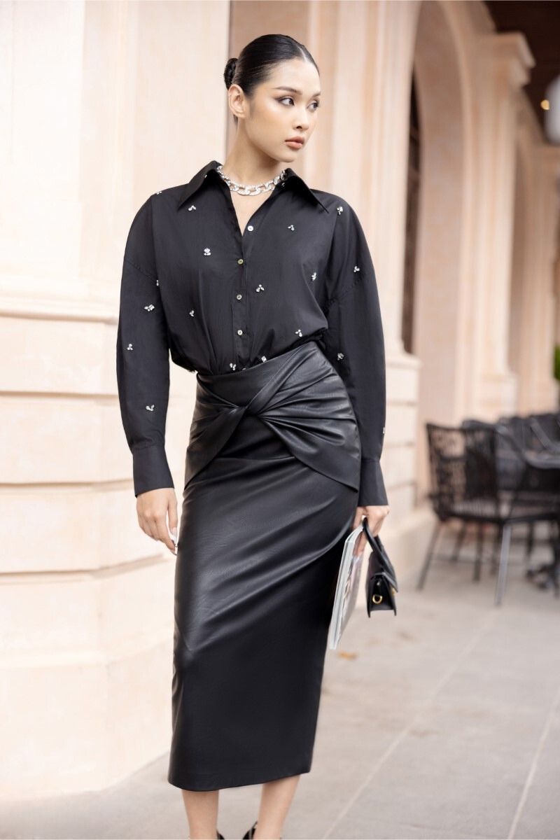 DESI BLACK RAW CRYSTAL SHIRT AND MIDI SKIRT