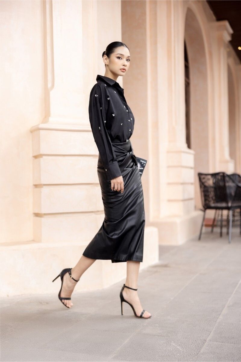 DESI BLACK RAW CRYSTAL SHIRT AND MIDI SKIRT