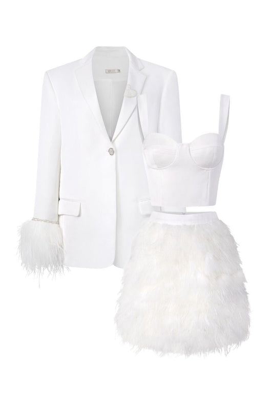 WHITE KIERA TAFFETA FEATHER BLAZER SET