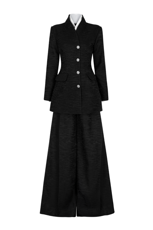 HIGH COLLAR FITTED BLAZER & WIDE-LEG TROUSERS SET