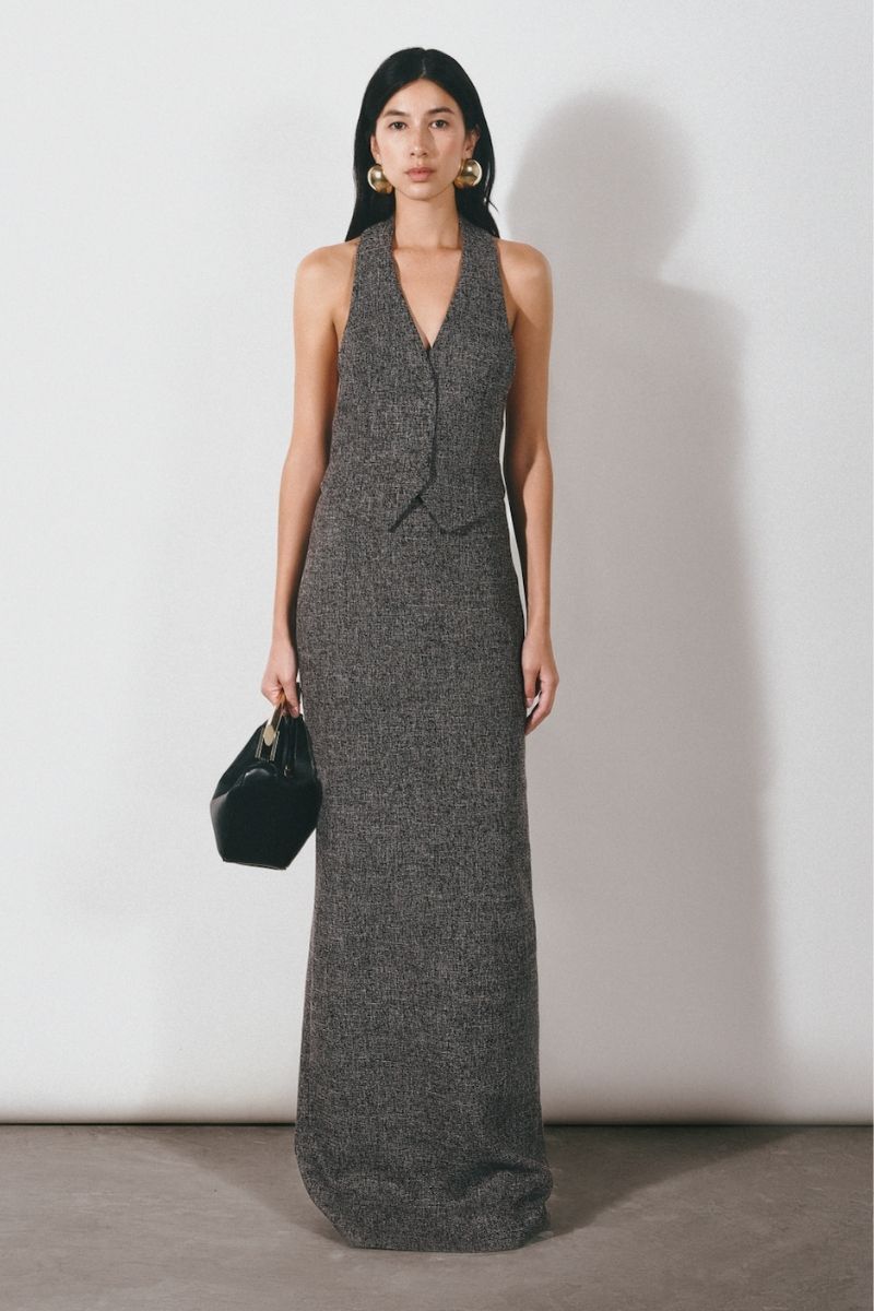 GRAY LONG VEST AND MAXI SKIRT SET