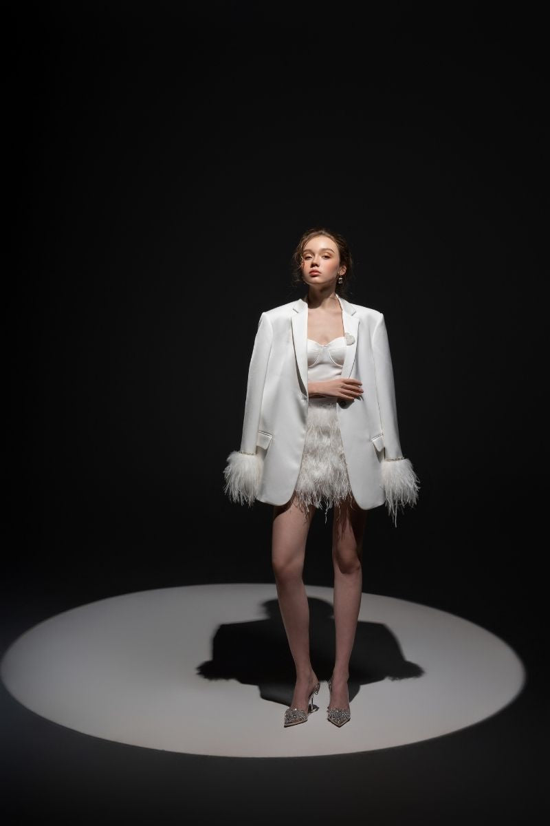 WHITE KIERA TAFFETA FEATHER BLAZER SET