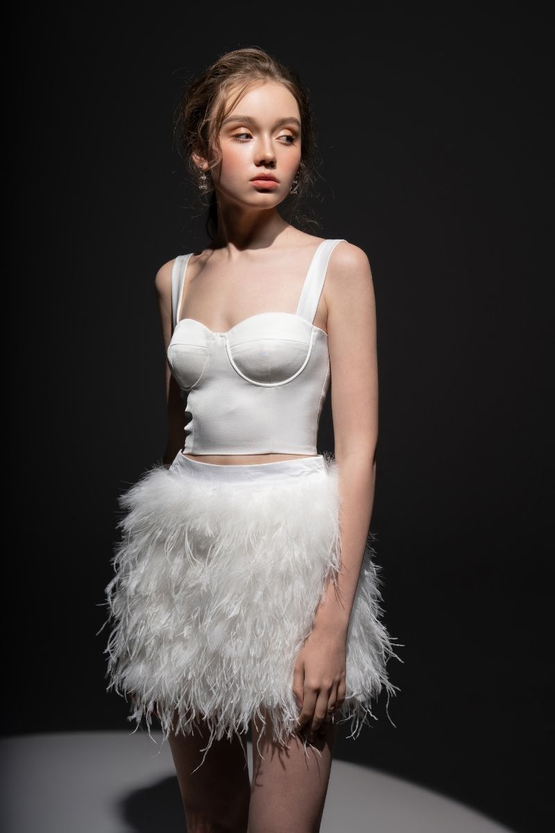 WHITE KIERA TAFFETA FEATHER BLAZER SET